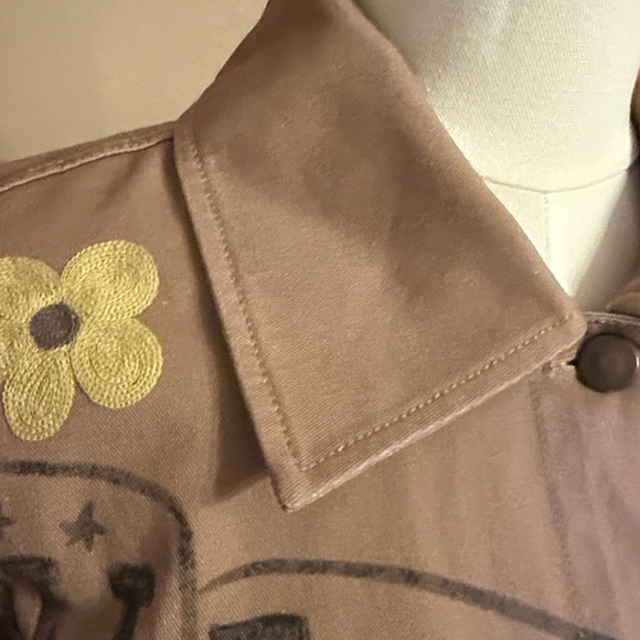 Free People S Charm Me Chore Jacket Tan Denim Embroidered Doodles Birds - Picture 7 of 12